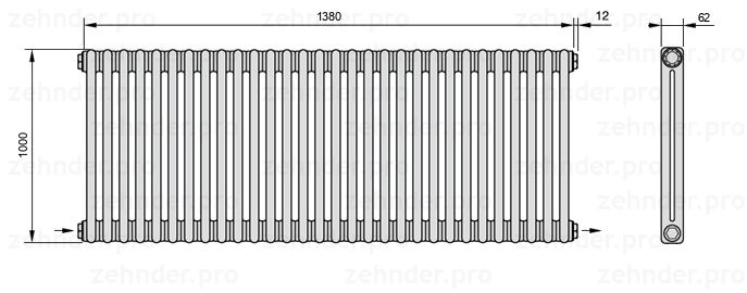 Схема (чертеж) Радиатор Zehnder Charleston 2100/30 №2670 Белый глянцевый RAL 9016